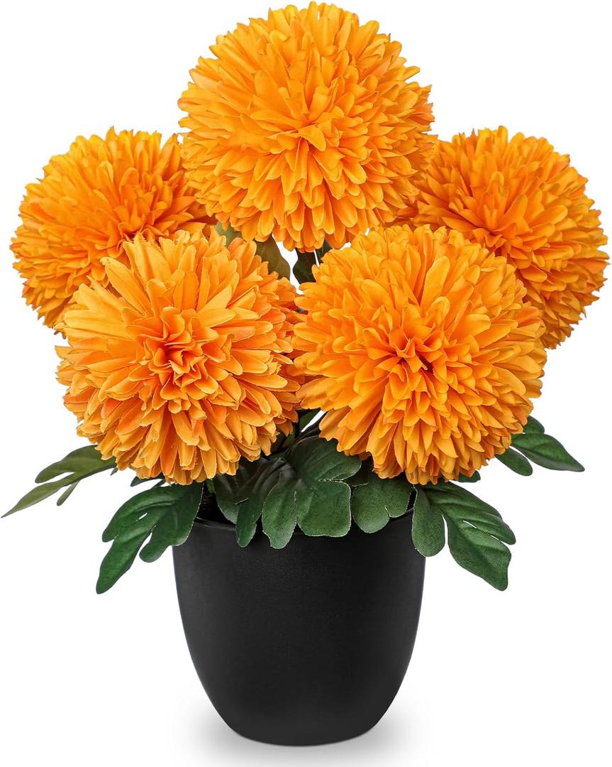 Briful Orange Artificial Mums  Realistic Silk Fall Chrysanthemums in Black Pot, Faux Potted Flowers for Home, Table Centerpiece, Porch, Indoor & Outdoor Autumn Dcor