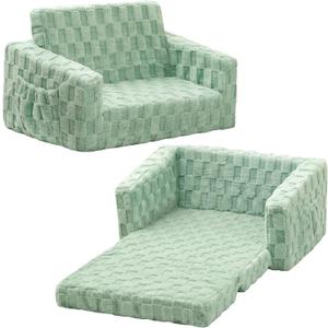 Toddler Couch for Kids, 2-in-1 Kids Fold Out Couch with Flip Open Sofa Lounger, Soft Flannel Kids Sofa Chair for Playroom Bedroom, Green