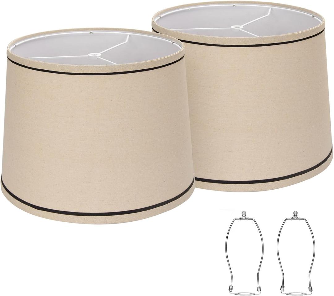 Drum Lampshades Set of 2, Medium Fabric Lamp shades for Table Lamps, Floor Lamps, Beige Linen Lamp shades 11.6" Top x 12.6" Bottom x 9.8" High Spider Fitter, Replacement Lampshades, Assembly Required (Beige with Black Rim)