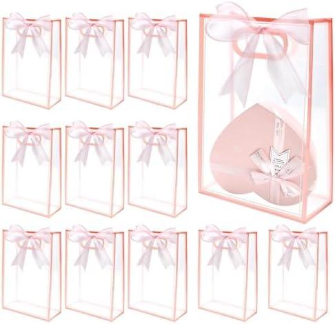 12 Pcs Clear Gift Bags with Handles 7.1"x10.2"x3.2" Plastic Party Favor Bag with Ribbon Reusable Goodie Bags Transparent Gift Wrap Bag Bulks for Valentine's Day Bridal Wedding Birthday (Pink)