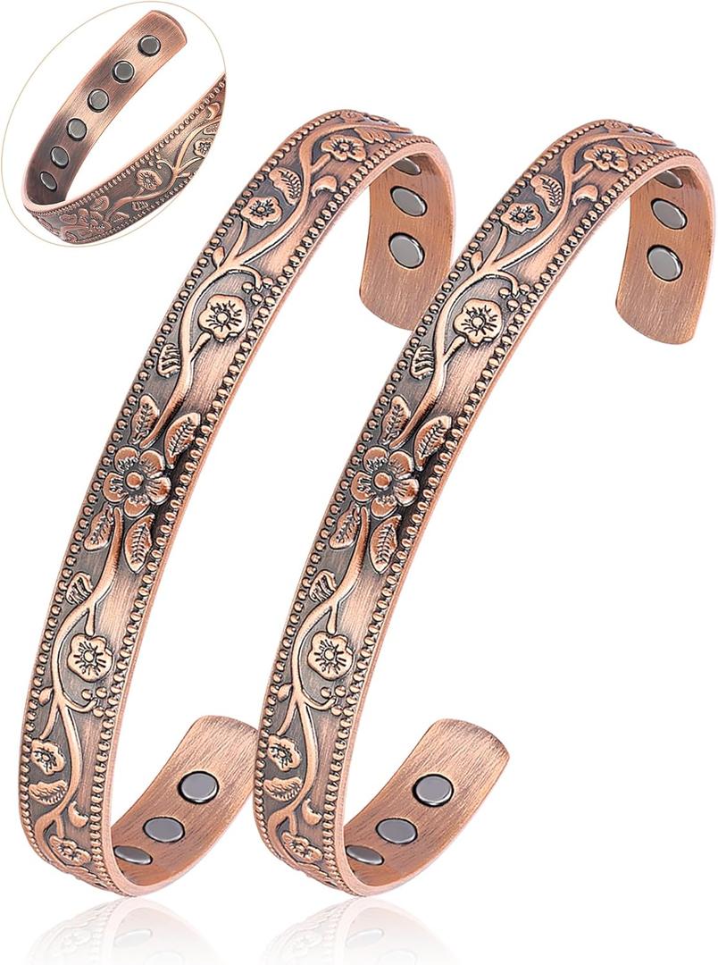 BioMag 2 Pcs Magnetic Copper Bracelet for Women Men, 99.99% Pure Copper Cuff Bangle with with 12 Pcs 3500 Gauss Magnets, Adjustable Size, Floral Vine Design
