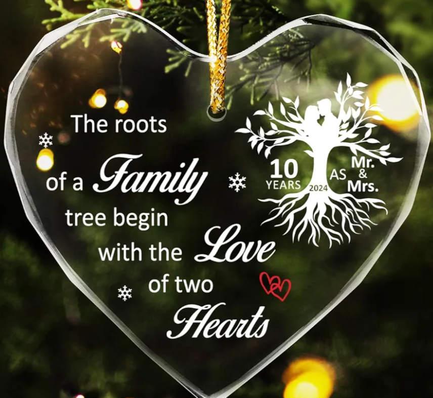 The Roots of a Family Tree Begin with The Love 0rnament,Ten Years of Marriage Anniversary Crystal Hanging Ornament, 10th Wedding for Couple, 10th for Wife Husband, Pack Of 2 