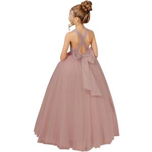 Crossed Straps Flower Girl Dress Satin Long Prom Dress with Bow Puffy Tulle Pageant Dresses for Girls, Dusty Rose, 10