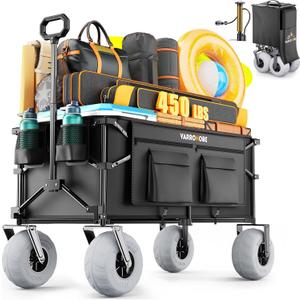 Beach Wagon with Big Balloon Wheels for Sand, 240L Collapsible Wagon, 9x4 Wide Wheels, 450lbs Heavy Duty Beach Cart with Side Covers & Zipper Pockets, 600D Oxford Fabric, Black