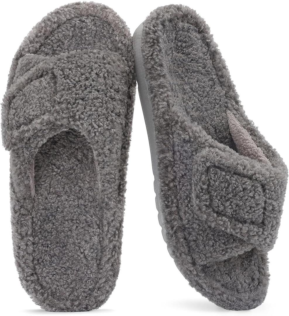 Litfun Womens Fuzzy Arch Support Slippers Orthopedic Comfy Adjustable Open Toe House Shoes (6.5-7, Grey)