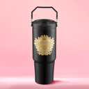 Juicy Couture 30oz Flip Flow Stainless Steel Tumbler With Flip Straw and Carry Handle, Black 3D Gold Logo