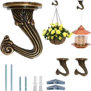 Metal Ceiling Hooks for Hanging Plants, 2 Pack Hanger for Indoor Outdoor Dcor Balcony Hanging Planter, Wind Chimes, Lights, Bird Cage, Lanterns, Bird Feeders Heavy Duty (2, Bronze)