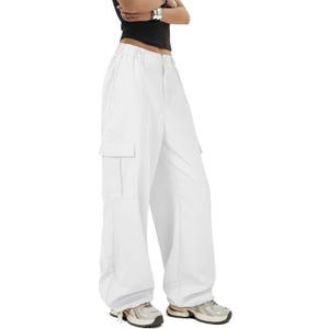 Zando Cargo Pants Women Y2K Baggy Cargo Pants Parachute Pants Trendy Stretchy High Waist Wide Leg Trousers with Pockets (Large, White)