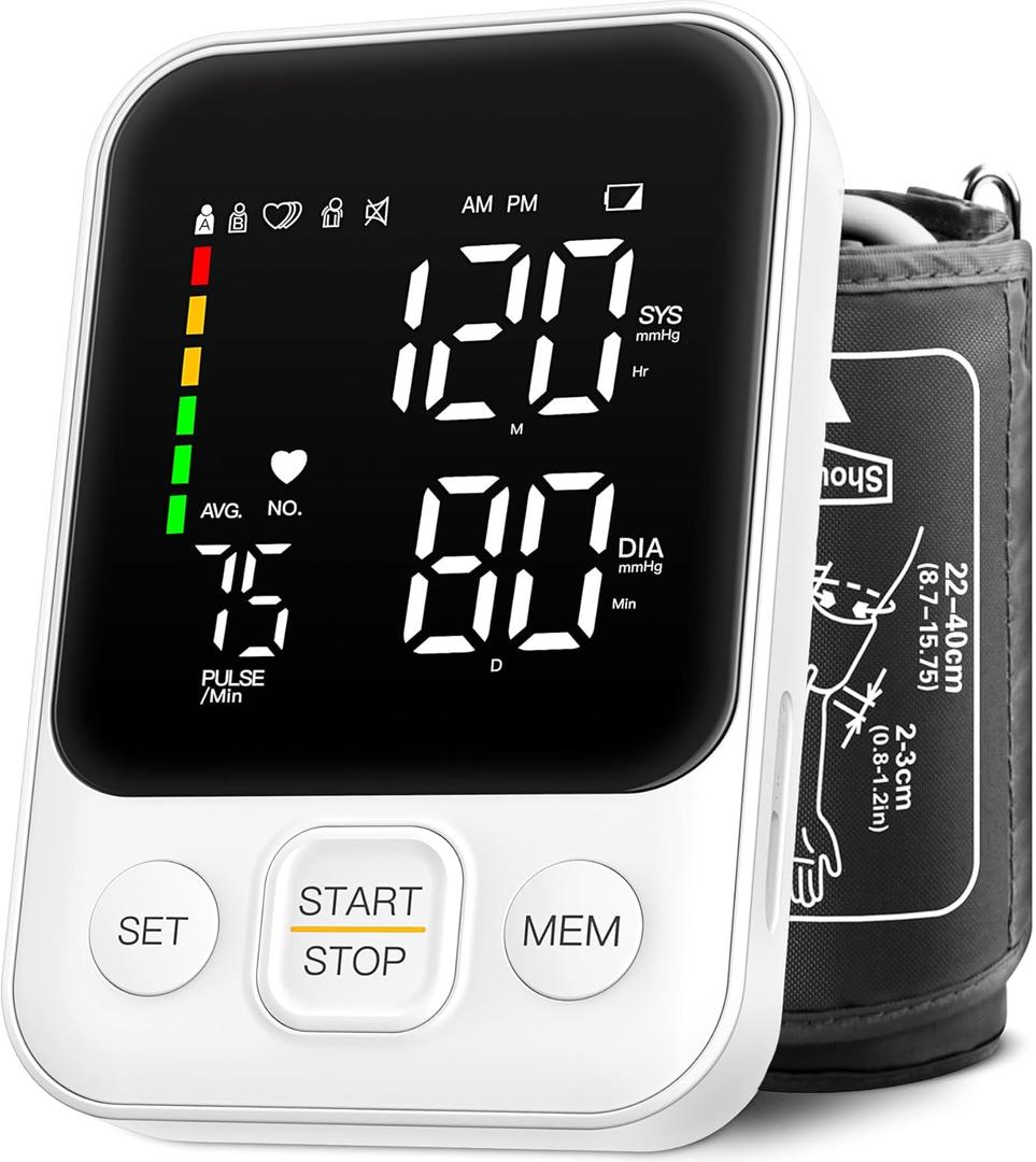 Blood Pressure Monitor Automatic Upper Arm Machine Accurate Adjustable Digital BP Cuff Kit Led Backlit Display 2 Users 240 Sets Memory Includes Storage Bag White