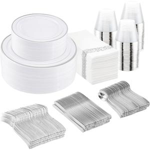 I00000 350Pcs Silver Plastic Dinnerware Set, Plastic Plates Disposable for 50 Guests Include: 100 Silver Rim Plates, 50 Paper Napkins, 50 Cups, 50 Plastic Silverware Set Perfect for Party & Wedding