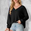 IWOLLENCE Womens Long Sleeve Shirts Oversized V Neck Tunic Tops for Women Waffle Knitted Pullover Sweater Top Black Large (Black, L)