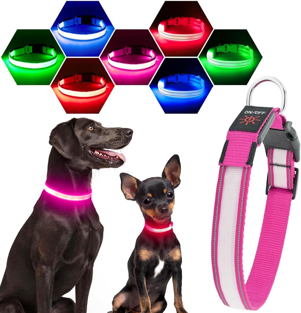Visinite LED Dog Collar USB Rechargeable, Reflective Light Up Pet Collar for Night Walking, Adjustable Glow Collar for Small Medium Large Dogs (Pink, Medium)