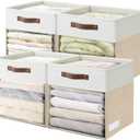 Bagnizer Storage Cubes, 4 Pack Linen Foldable Storage Bins (13 x 13 inch) with Clear Window and Handles, Fabric Organizer for Shelf Closet, Clothes, Books - (Beige and White)