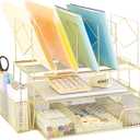 Youbetia Cute Desk File organizer, Desktop Organizers and Workspace Accessories, File Rack Office Supplies Organization, Double Tray and 5 Upright Sections with Pencil Holder and Drawer (Gold)