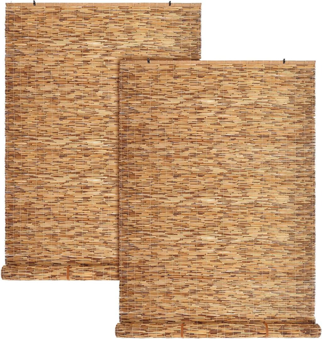 DoubleFill 2 Pcs Bamboo Shades Outdoor Reed Roll Up Blinds 36" W x 72" H Blackout Sunshade Cordless Bamboo Blinds for Home Porch, Patio & Windows Decor Shutters Sunlight Privacy Screen(Carbon Brown)