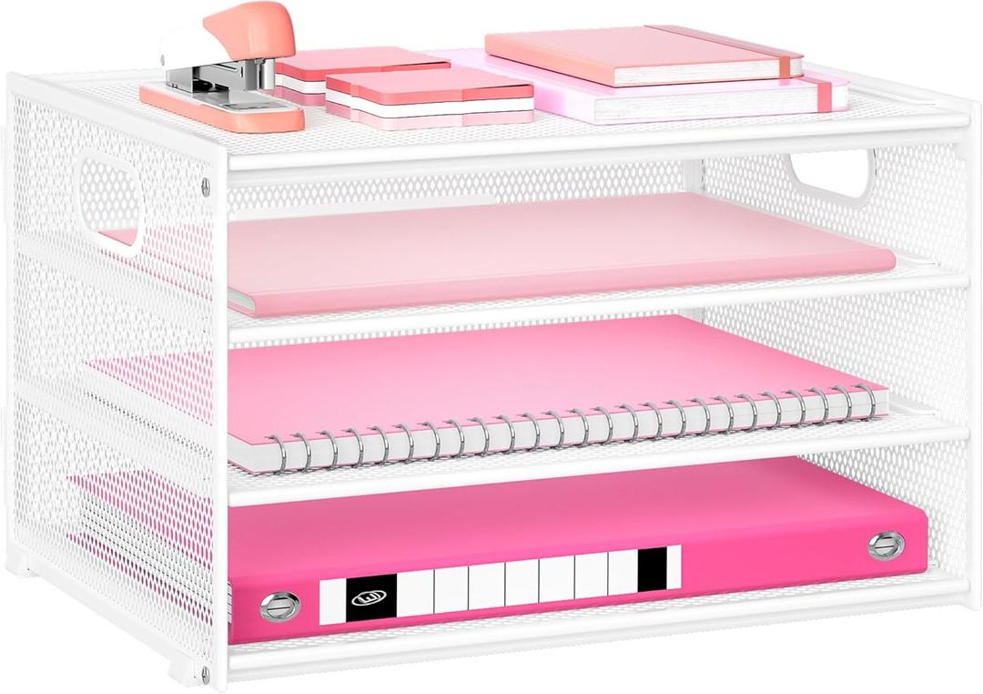 Lavatino 3-Tier Letter Tray Desk Organizer, Mesh Metal Paper File Tray Organizer for Desk, Office Supplies & Home Organization, Fits A4 Paper, Mail, Magazines & Office Accessories (White with Handle) (12.6" x 9.1" x 7.6")