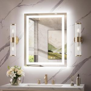 TokeShimi 24x30 LED Bathroom Mirror with Lights,Front Lit + Backlit,Anti-Fog LED Mirror for Bathroom,Stepless Dimmable 3-Color Light,Tempered Glass,Memory,UL Listed,Waterproof (30"L x 24"W)
