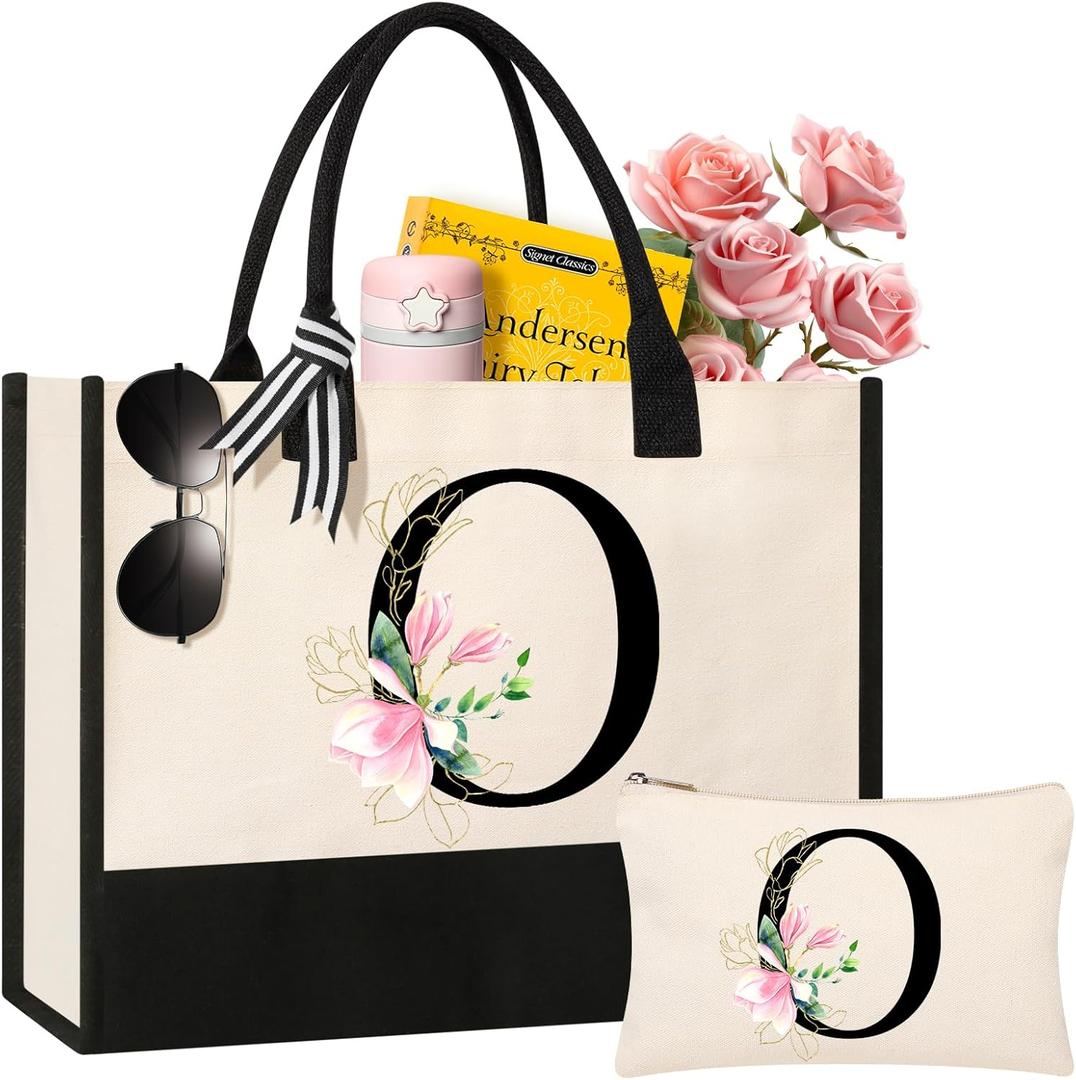 AYGE Personalized Initial Canvas Beach Bag Cosmetic Bags, Tote Bag, Makeup Bag, Gifts for Sister Mom Teacher Bridesmaid Style O