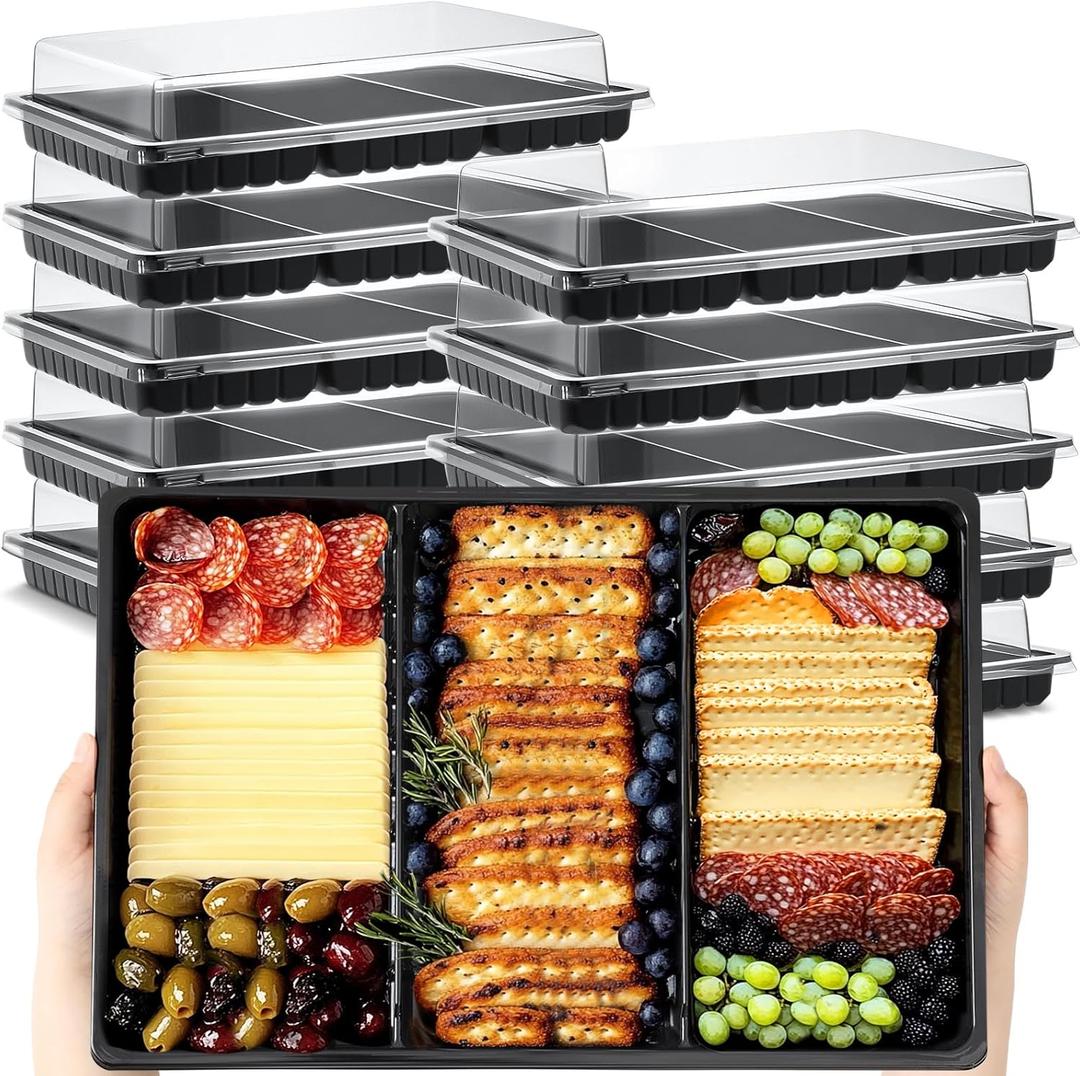 Shellwei 10 Pack Extra Large Charcuterie Board with Lid 15 x 10 Inch 3 Section Divided Catering Trays with Lids Large Disposable Travel Catering Serving Trays Platter (Black)