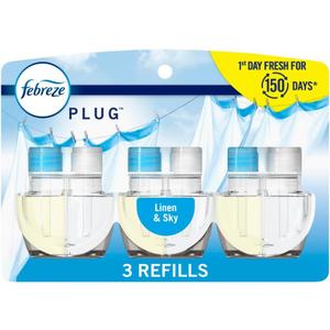 Febreze Plug In Air Freshener, Odor-Fighting Scented Oil Refill, Air Fresheners for Home and Bathroom and Kitchen, Long Lasting for Strong Odors, Linen & Sky Scent, 0.87oz Refills, 3 Count (Pack of 1)