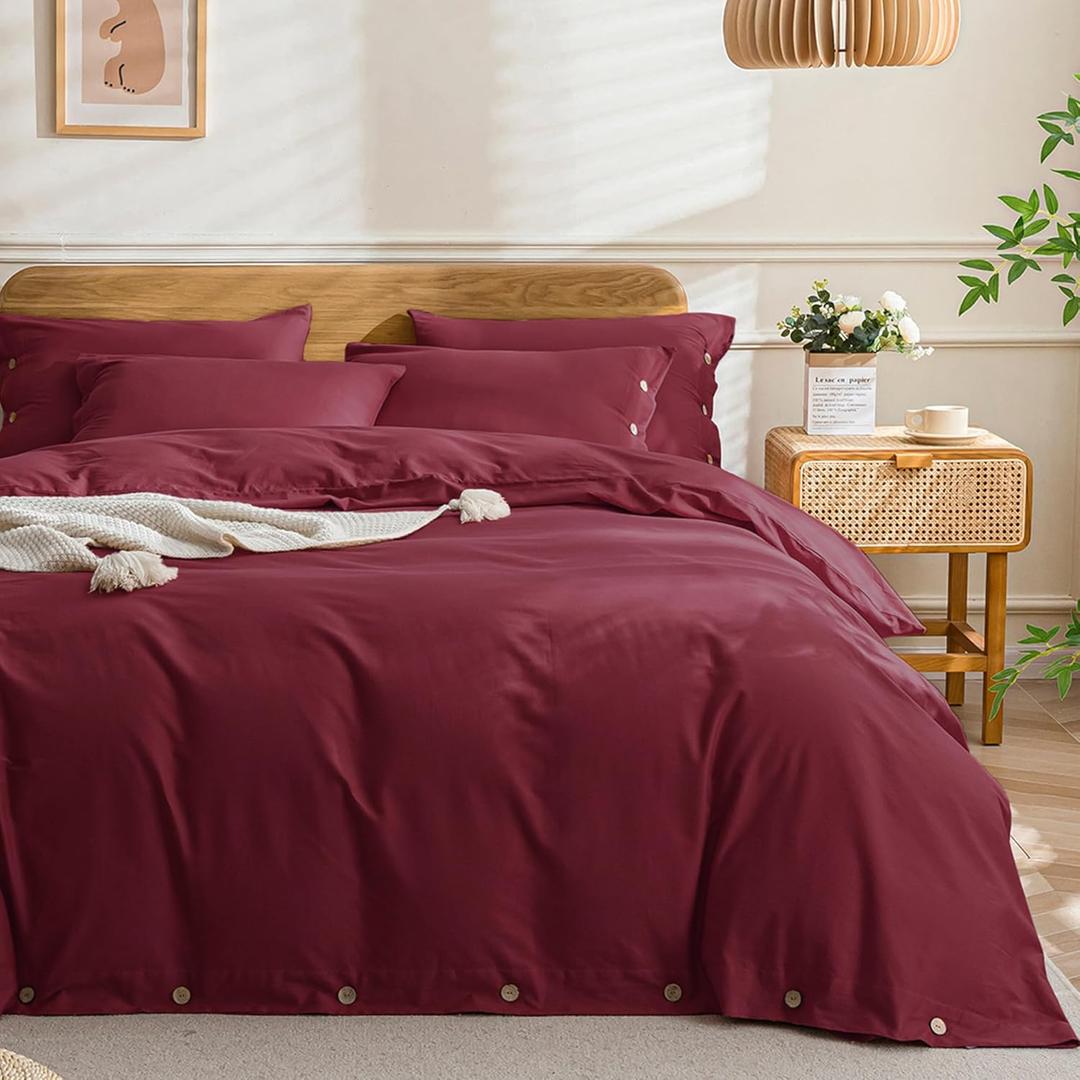 JELLYMONI Cotton Duvet Cover Cal King Size - Burgundy Comforter Cover with Button 100% Washed Cotton 3PCS Breathable Soft Solid Bedding Set Duvet Cover 10498in & 2 Pillowcases (NO Comforter)