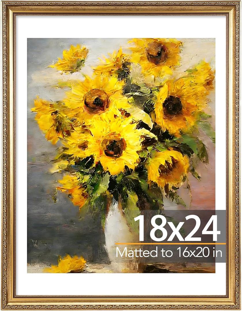 JCJMY 18x24 Vintage Picture Frame with 16x20 Mat, Elegant Retro 18 by 24 Photo Frame with Shatter-Resistant Plexiglass for Wall, Gallery Decor & Gift, Gold, 1 Pack