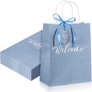 Queekay 36 Pcs Large Welcome Paper Gift Bags with Handle 10.6 x 8.3 x 4 Inches with 36 Tags Wedding Church Party Favor Bridal Gift Bags for Guest Birthday Baby Shower(Classic,Light Blue)