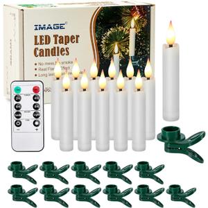 12Pcs LED Taper Candles Light Set Flameless 3D Wick Ivory Candles with Clip-on Christmas Tree Design, 10-Key Remote with Timer, Warm White Light, Battery Operated for Versatile Decoration