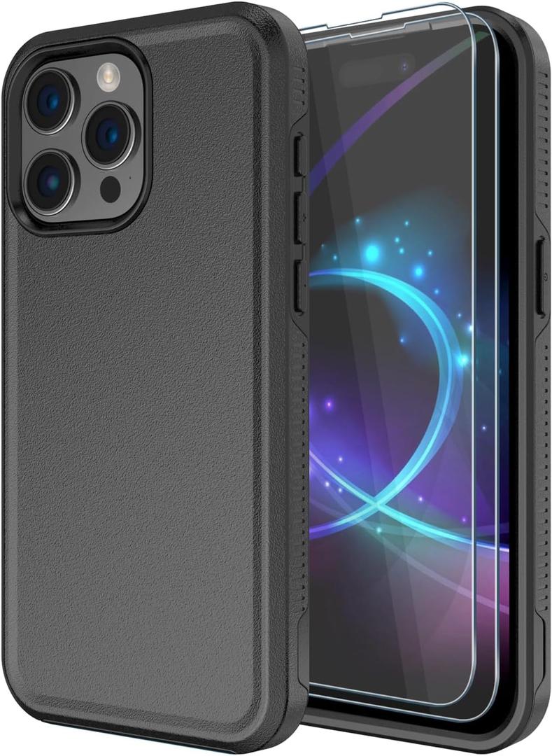 Diverbox for iPhone 15 pro Case [Tempered Glass Screen Protector] [Shockproof] [Dropproof] Heavy Duty Protection Phone Case Cover for Apple iPhone 15 Pro 6.1 inch (Black-2IN1)