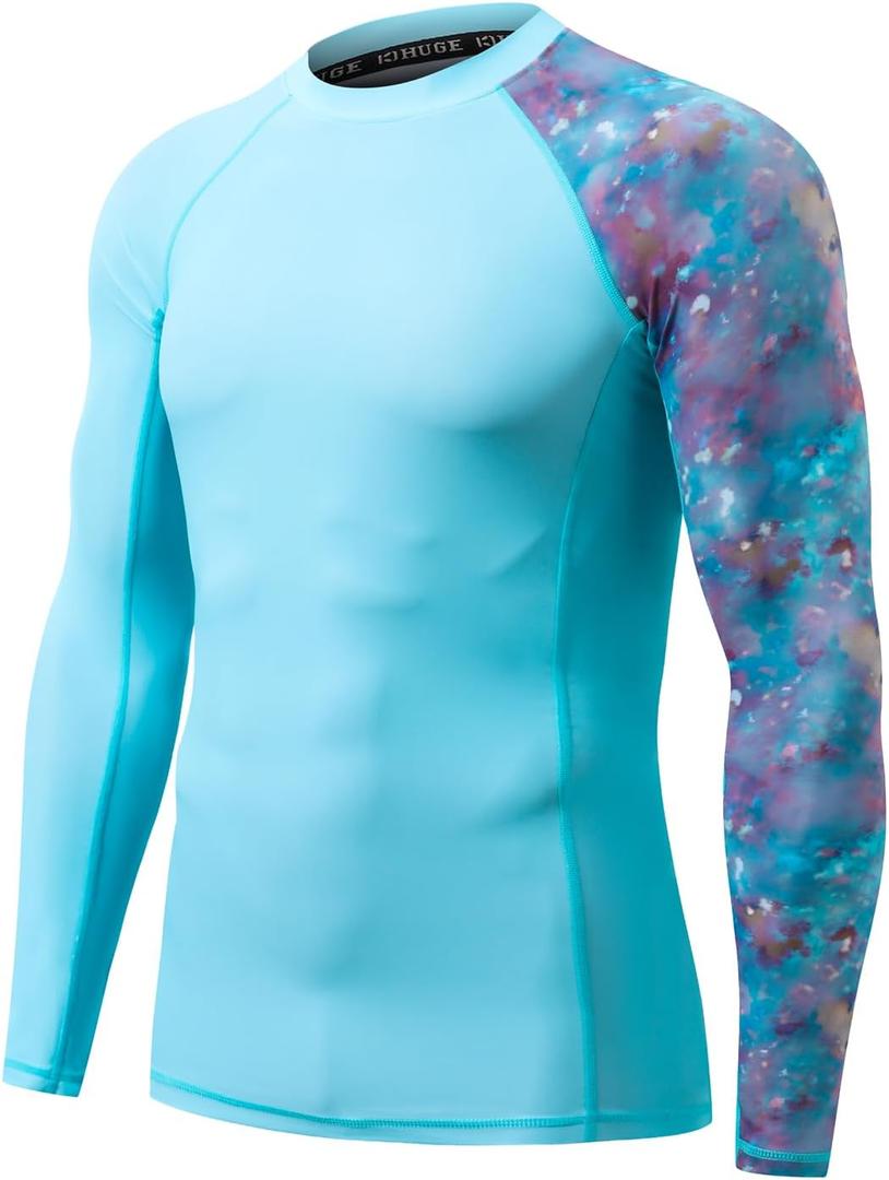 HUGE SPORTS Men's Rash Guard Long Sleeves UPF 50+ UV Sun Protection Quick Drying Splice Compression Swim Shirts (X-Large, Dream Blue)