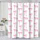 Shower Curtain Bows Pink and White Bow Shower Curtain, Cute Pink Bow Bathroom Decor Waterproof Fabric White Pink Ribbon Shower Curtain Set Bows with Hooks Coquette Bath Curtain for Girls 72x72 Inch