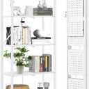 DEANIC 5-Shelf Folding Bookcase with Wheels, Rolling Bookshelf Heavy Duty Storage Shelves, Freestanding Metal Wire Shelving Unit for Living Room, Office, Kitchen, Basement, Pantry (White)