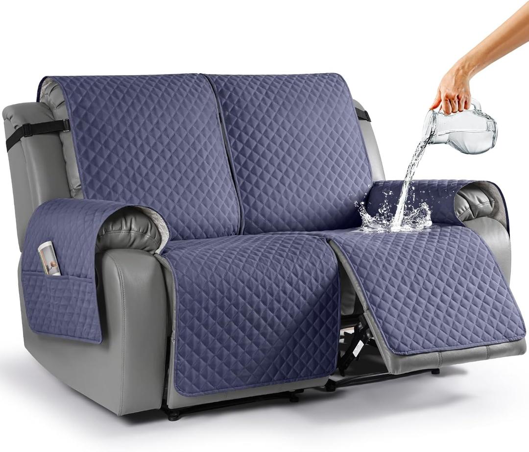 TAOCOCO Waterproof Recliner Loveseat Cover Non-Slip Sofa Slipcover, Pet Couch Cover for Loveseat Recliner with Straps, Washable Reclining Loveseat Cover Furniture Protector (2 Seater, Bluish Gray)