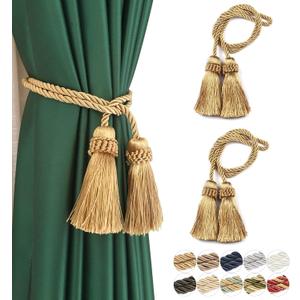 Fenghuangwu Curtain Tiebacks Handmade Decorative Curtain Holdbacks Rope with Tassel (Gold, 2P)