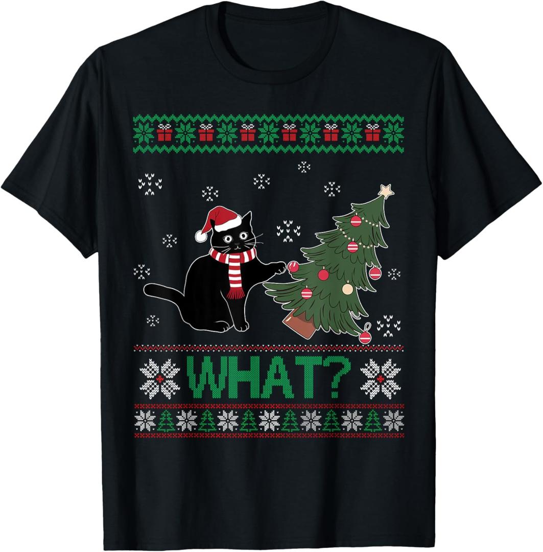 Black Cat What Pushing Christmas Tree Funny Cat Xmas Gifts Men Women Kids T-Shirt 6XL