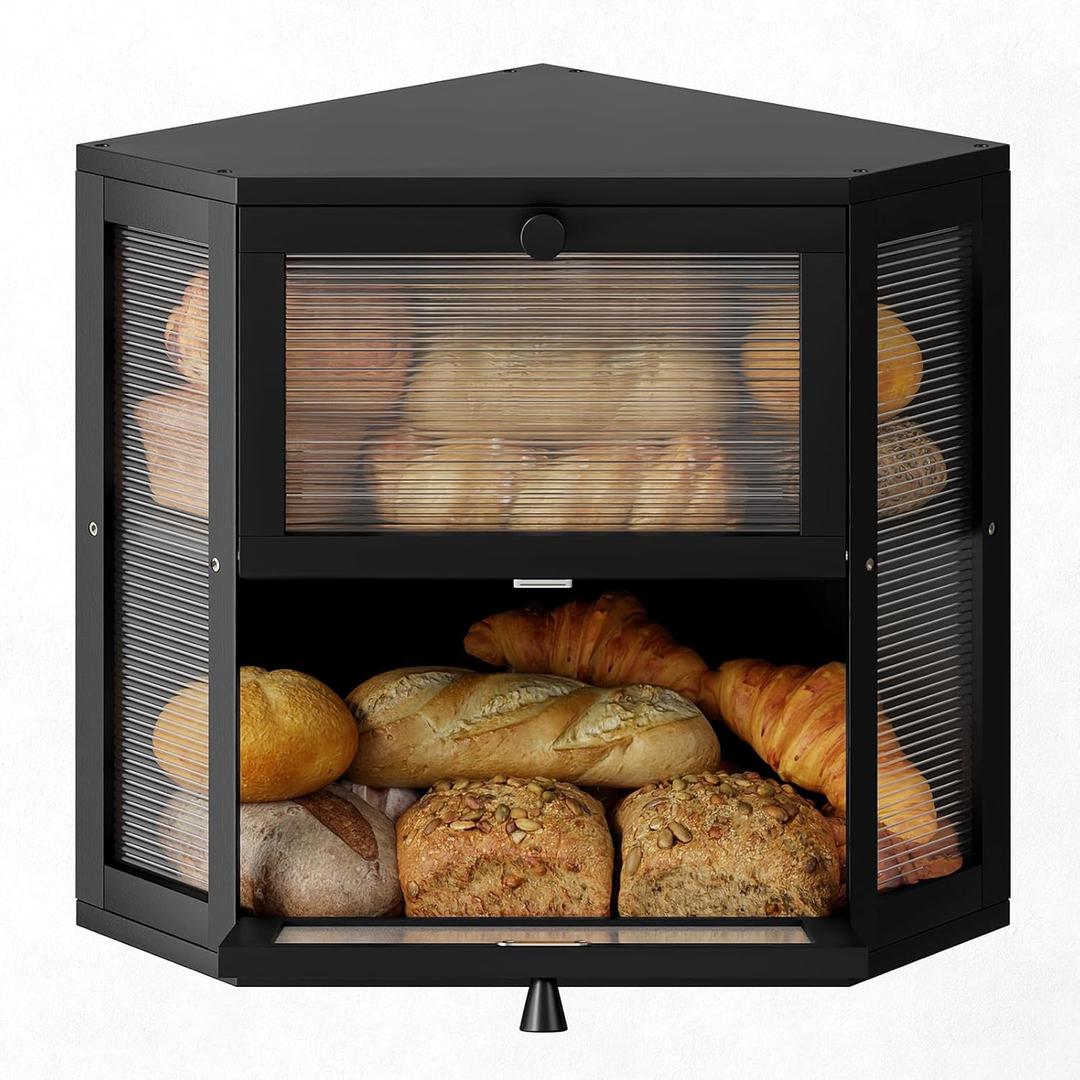 WOWLIVE Corner Bread Box for Kitchen Countertop, Double Layer Bamboo Bread Storage Container, Large Farmhouse Bread box with Acrylic Wavy Door Panel, Under Cabinet Organizer (Black, Medium)