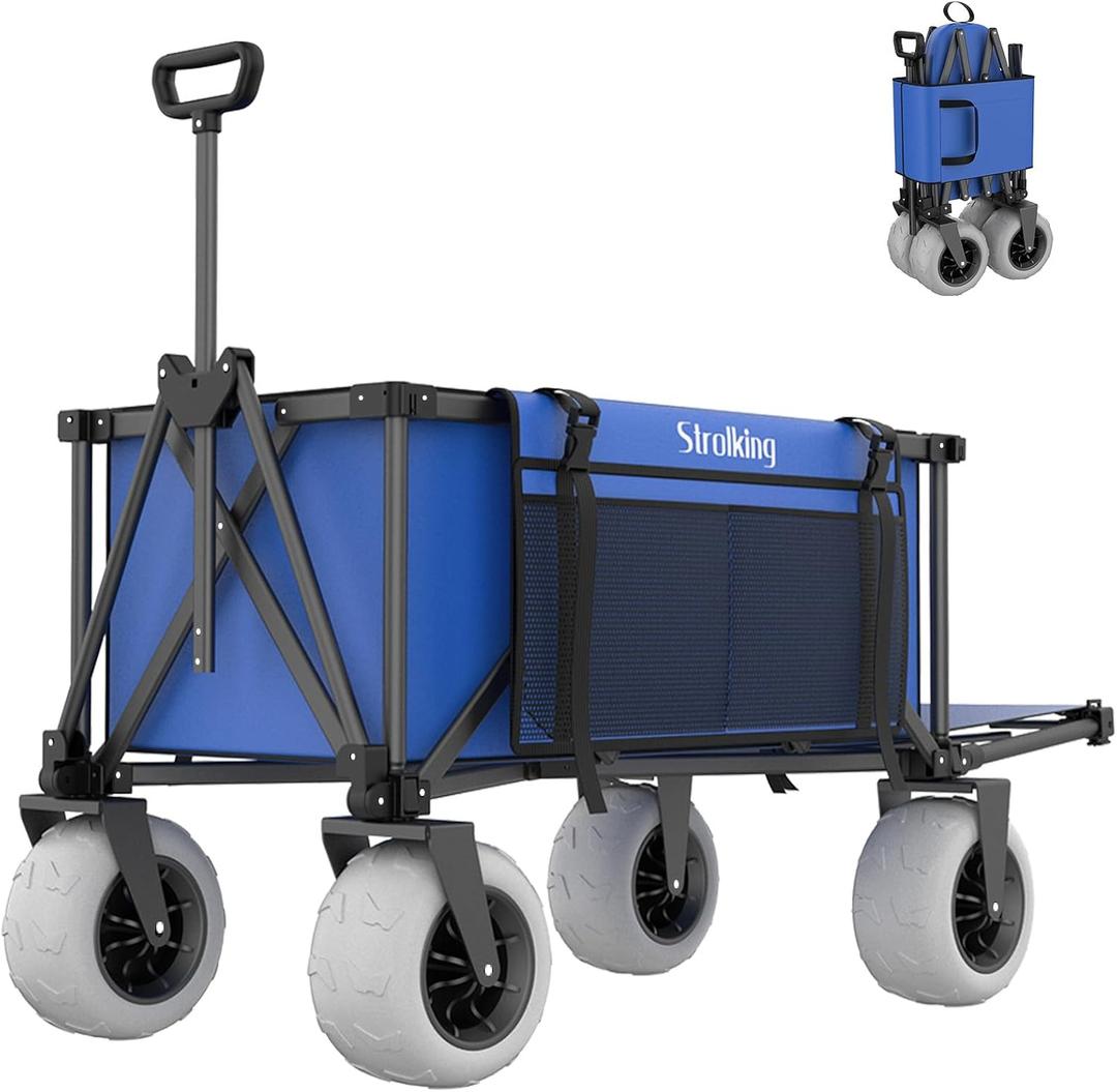 51" L Beach Wagon with 9" Sand Wheels,260L Collapsible Beach Cart with Rear Tailgate,Heavy Duty Wagon for Sand, Camping, Fishing and Sport,Blue