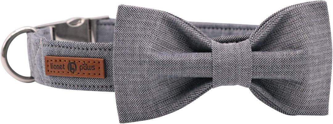 Lionet Paws Dog Collar with Bowtie, Durable Adjustable and Comfortable Collar for Small Dogs Puppies and Cats, Neck 10-16in (Grey Lines)