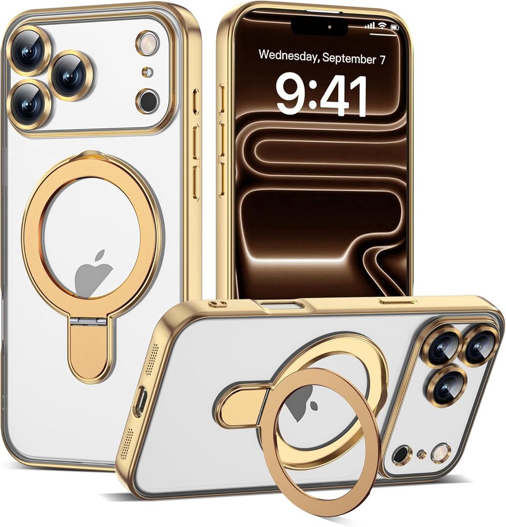 Compatible with iPhone 17 Pro Case with Invisible Magnetic Ring Stand [Compatible with Mag-Safe] [Full Camera Lens Protector] Plating Clear Phone Case for iPhone 17 Pro 6.3", Gold