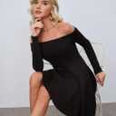 HYPERFIRE Women's Off The Shoulder Long Sleeve Short Dress A Line Pleated Mini Party Dresses (Black, S)