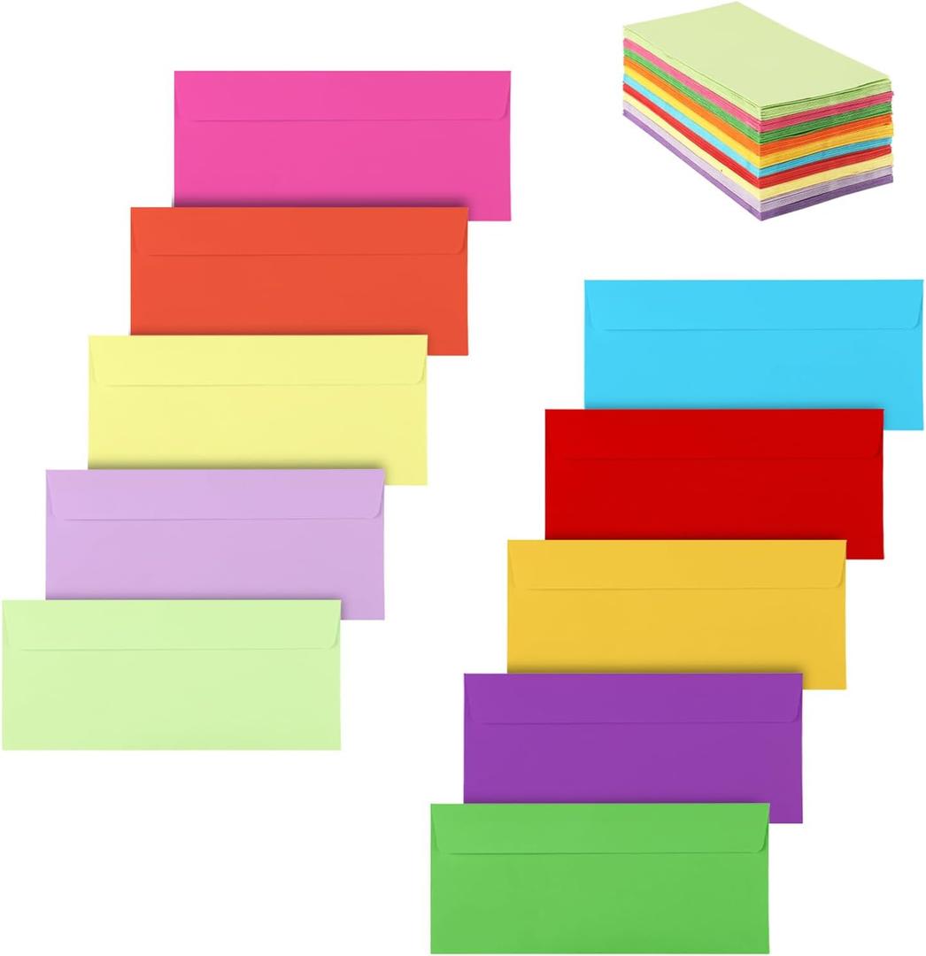 Granhoolm 50 Pack Colorful Envelopes #10,Envelopes Letter Size,#10 Business Envelopes,Envelope Self Seal for Business,Office Checks,Letter,Mailing Invoices,Invitation(4.13 x 9.49 in) (Multicolor)