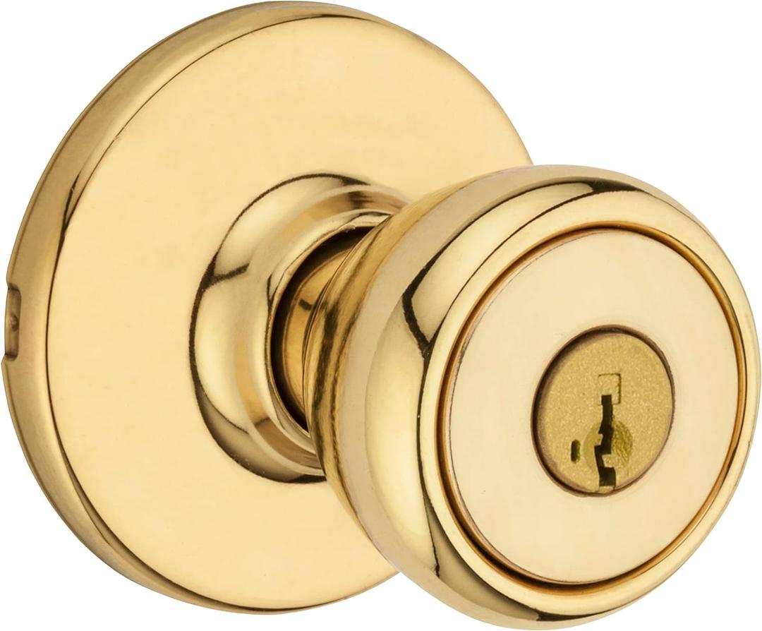 Kwikset Tylo Entry Door Knob with Lock and Key, Secure Keyed Handle Exterior, Front Entrance and Bedroom, Polished Brass, Pick Resistant SmartKey Rekey Security, 1 Count 