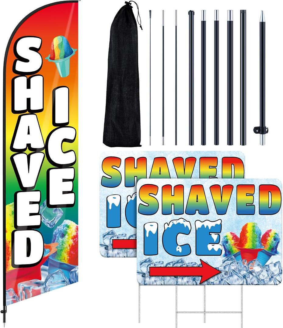 Remagr 3 Pcs Ice Cream or Shaved Ice Signs Include 1 Feather Flag Kit 11 ft Swooper Flag Banner with Pole and Ground Stake 2 Yard Signs with Metal Stakes for Business Advertising Outside (Shaved Ice)