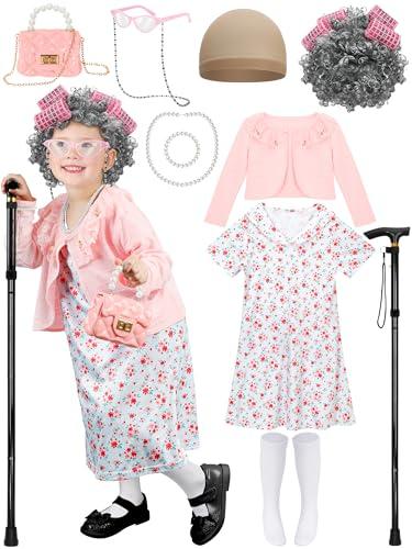 Luces Old Lady Costume for Girls, 100th Days of School Dress Up for Kids, Granny 100th Day School Wig Cane Accessories Outfit (XL, 7068-Red)