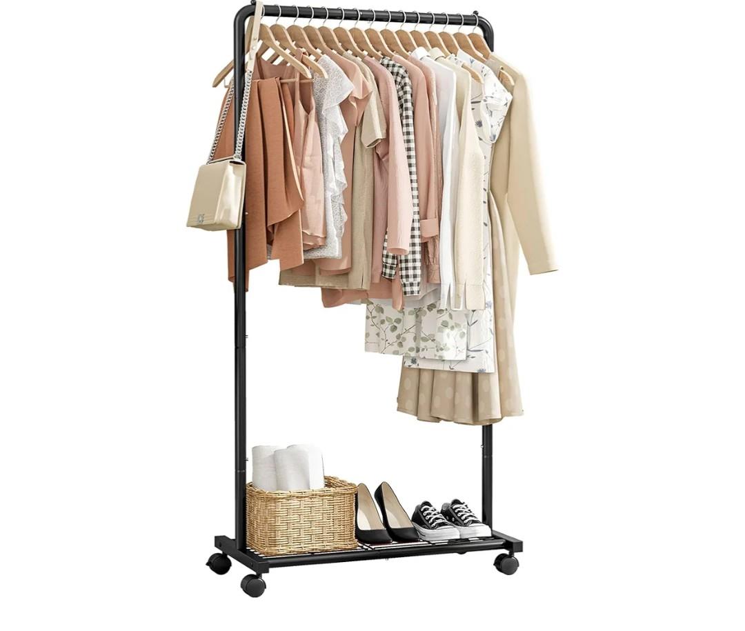 Sakugi Clothes Rack - Clothing Rack with Storage Mesh Shelf & Casters, Heavy-Duty Metal Clothing Rack for Hanging Clothes, Dresses, Coats, Large Load Capacity, Easy Assembly, Black, 28.0"x16.9"x59.0"