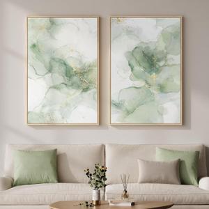 Framed Sage Green Abstract Wall Art for Living Room, Large Set of 2 Green Gold Canvas Artwork for Walls, Minimalist Modern Paintings Print Wall Decor for Bedroom Dining Room Office Hallway, 24x36 Inch, 24" W X 36" H X 2pcs
