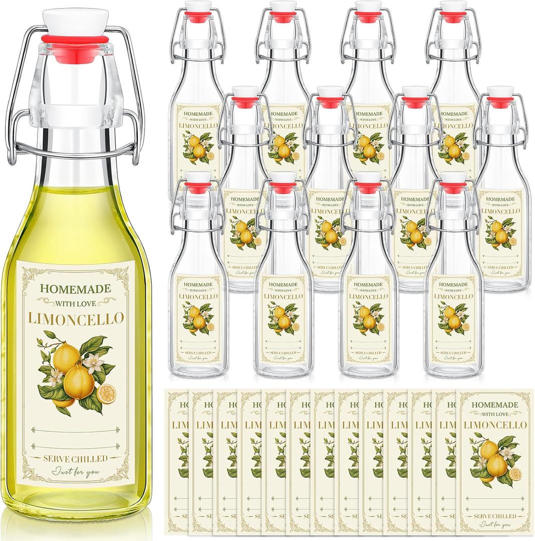 Havawish 12 Sets 4 oz Limoncello Bottles Swing Top Glass Bottles for Homemade Clear Flip Top Mini Limoncello Bottle with Labels Airtight Cap Lids for Home Brewing Wedding Baby Shower Christmas Gifts