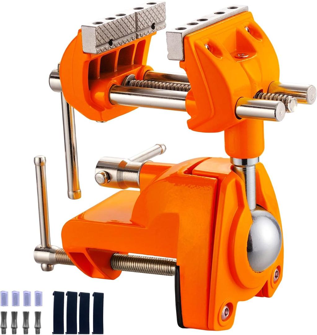 Bench Vise, 360 Swiveling Articulating Vise, Clamp-On Vise for Workbench, Cast Steel Table Clamp Vise, Pipe Vise, Bench Vice for Woodworking, DIY, Drilling, Sawing, Metal Working, Orange