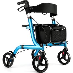 Rollator Walkers for Seniors- Rollator Walker with Seat 8" Wheels- Easy Folding Senior Walker with Backrest- Lightweight Mobility Walking Aid for Adult Elderly, Aluminum Frame, Blue (Plastic tires)