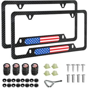 2 x Carbon Fiber License Plate Frames 2 Pack Aluminum Front & Rear Auto Car Tag Holder, with Mount Hardware, Screw Caps & Rattle Proof Pads(Carbon Pattern)